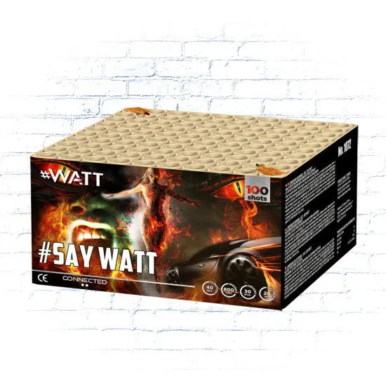 Eine Schachtel mit VOLT! Say Watt #WATT Feuerwerk von VOLT! mit feurigen Grafiken, fettgedrucktem Text, "100 Schuss" und brillanten Compound Feuerwerkseffekten auf weißem Backsteinhintergrund.