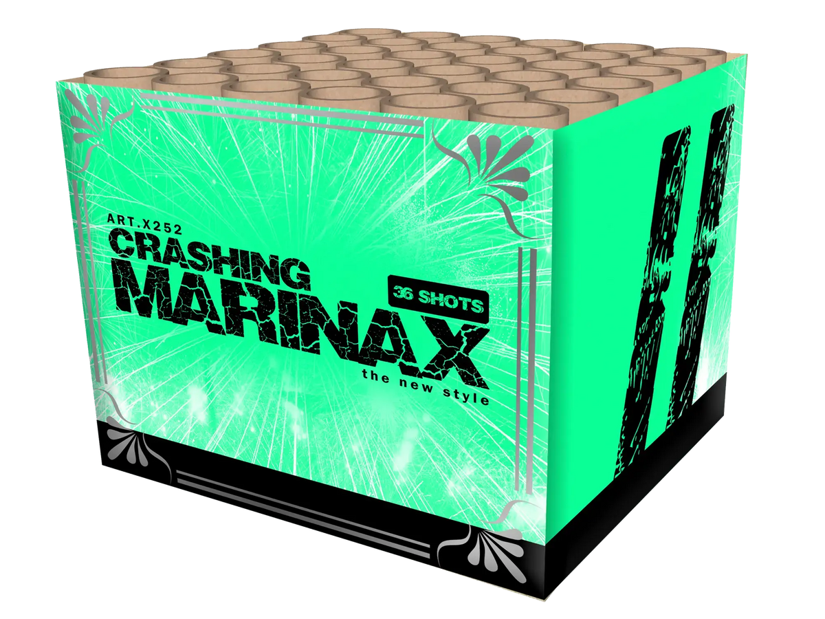 Eine quadratische Katan Feuerwerksbatterie-Box mit der Aufschrift "Katan Crashing Marinax" in kräftigem Schwarz auf leuchtendem Grün, mit "36 Schuss", einer Burst-Grafik und mehreren kreisförmigen Öffnungen auf der Oberseite.
