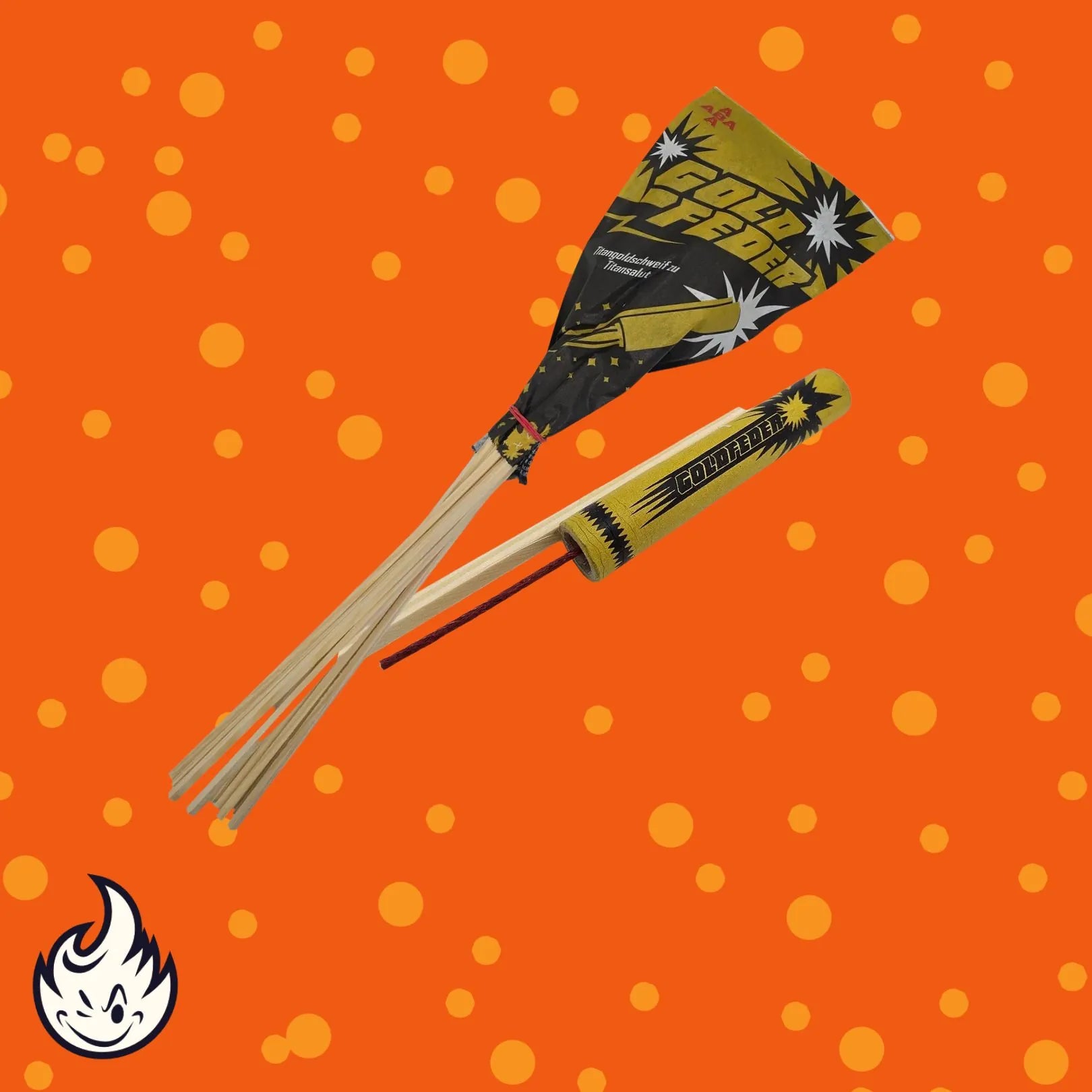 Zwei ABA Goldfeder Salut Feuerwerkskörper von Startrade, ein raketenförmiges mit einem Stab und ein zylindrisches in Gelb und Schwarz, sind auf einem orangefarbenen Hintergrund mit gelben Punkten abgebildet. In der unteren linken Ecke ist ein weißes Flammen-Cartoon-Logo zu sehen.