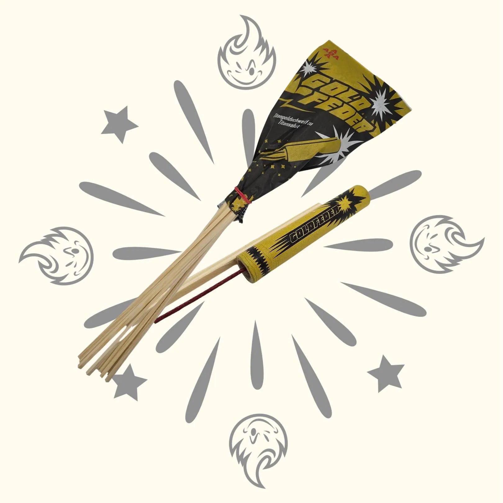 Ein Bündel von Startrade-Feuerwerksraketen und eine einzelne ABA-Goldfeder-Salut-Rakete werden auf einem hellen Hintergrund gezeigt, der mit illustrierten Sternen und Flammenmotiven verziert ist.