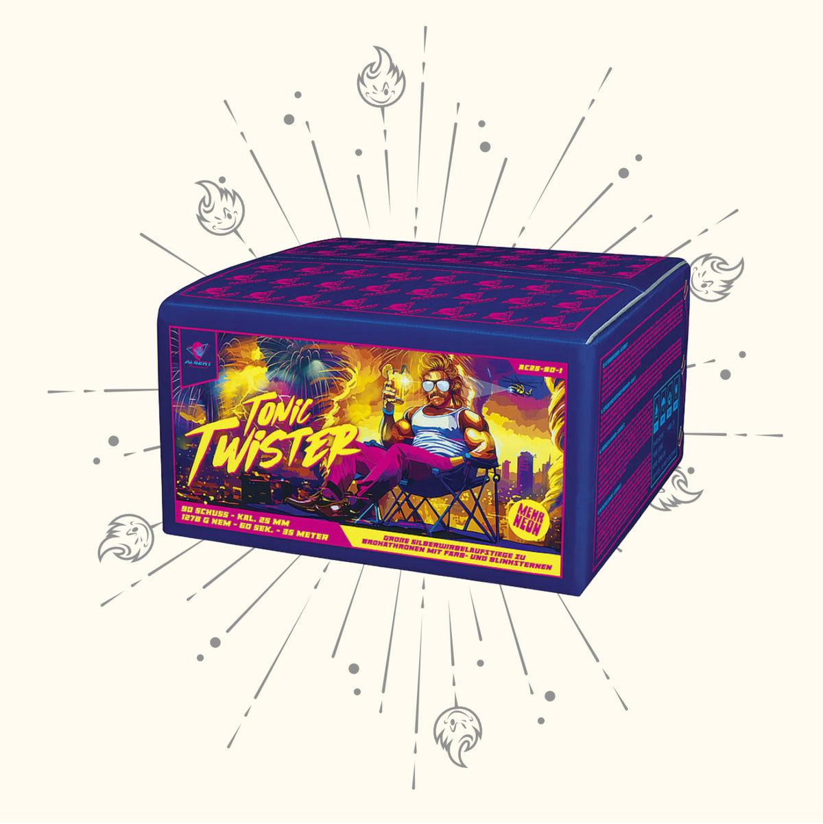 Die Feuerwerksdose "Albert Tonic Twister" von Albert zeigt eine sonnenbrillentragende Cartoon-Figur, die mit einem Drink, Palmen und Blitzen faulenzt, alles vor dem Hintergrund einer lebendigen Flammen- und Funkengrafik.