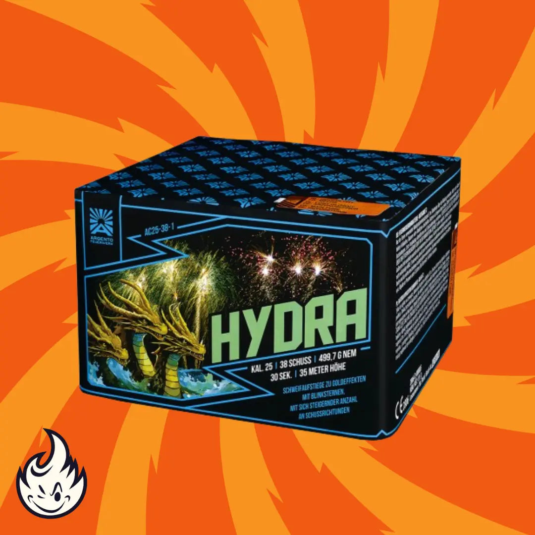 Eine Schachtel Argento Hydra 38sh Mixed von Argento wird vor einem orangefarbenen Hintergrund mit wirbelnden gelben Strahlen präsentiert. Die Verpackung zeigt ein Drachendesign, Feuerwerkskörper, Multi-Shape-Details und ein Flammensymbol.