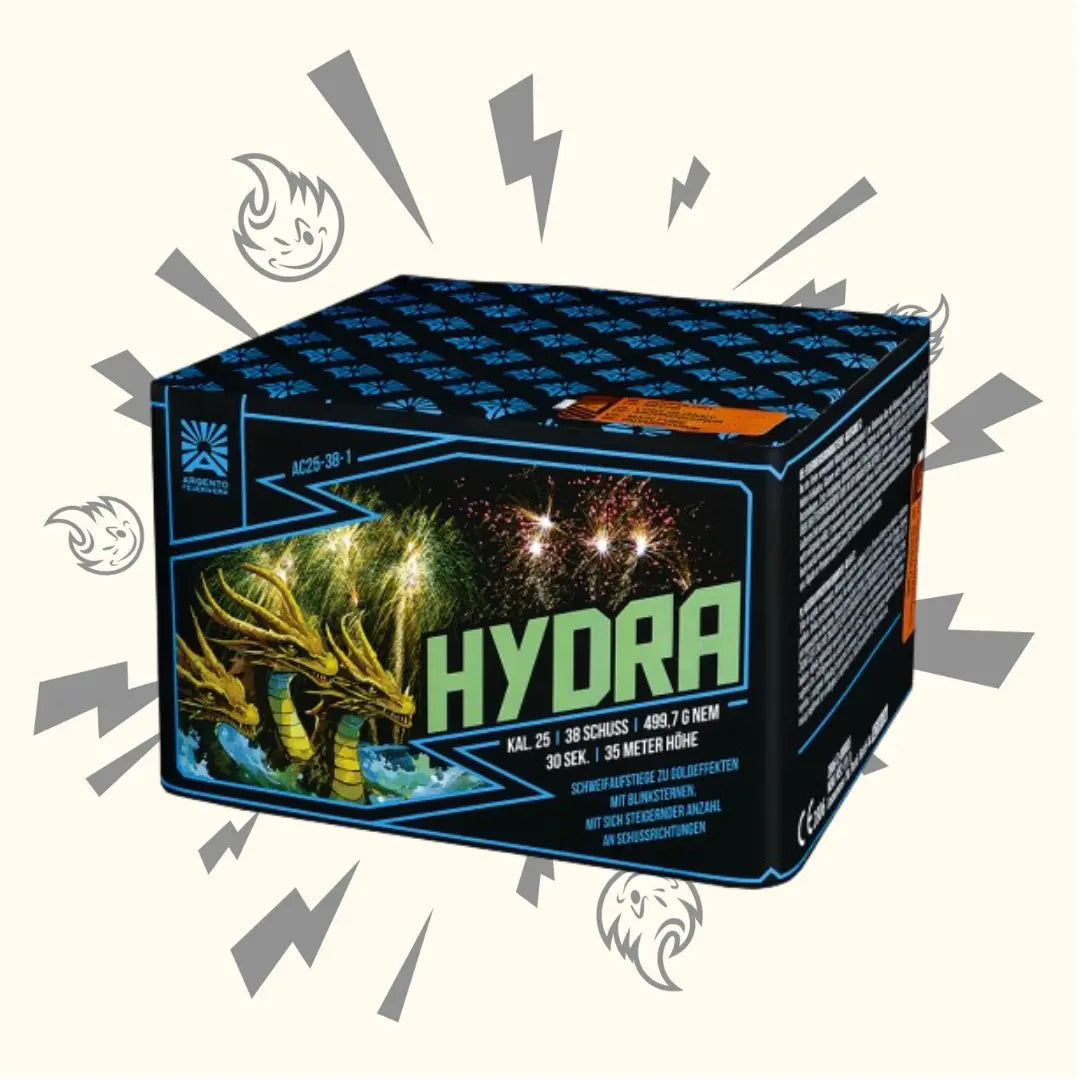 Die Argento Hydra 38sh Mixed von Argento zeigt einen mehrköpfigen Drachen und ein leuchtendes Feuerwerk auf blauer und schwarzer Verpackung, mit stilisierten Flammen und aufregenden Multi-Shape-Effekten.