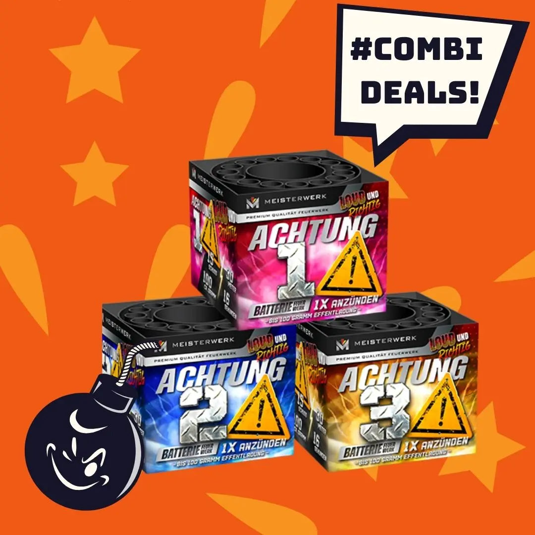 Drei leuchtende Schachteln "Kombi Geisha Super Achtung 1+2+3" von COMBI-DEALS 💣 (45 Schuss) sind auf einem orangefarbenen Sternenhintergrund abgebildet. In einer Sprechblase steht "#COMBIDEAL!" und in der linken unteren Ecke ist eine Cartoon-Bombenfigur zu sehen.