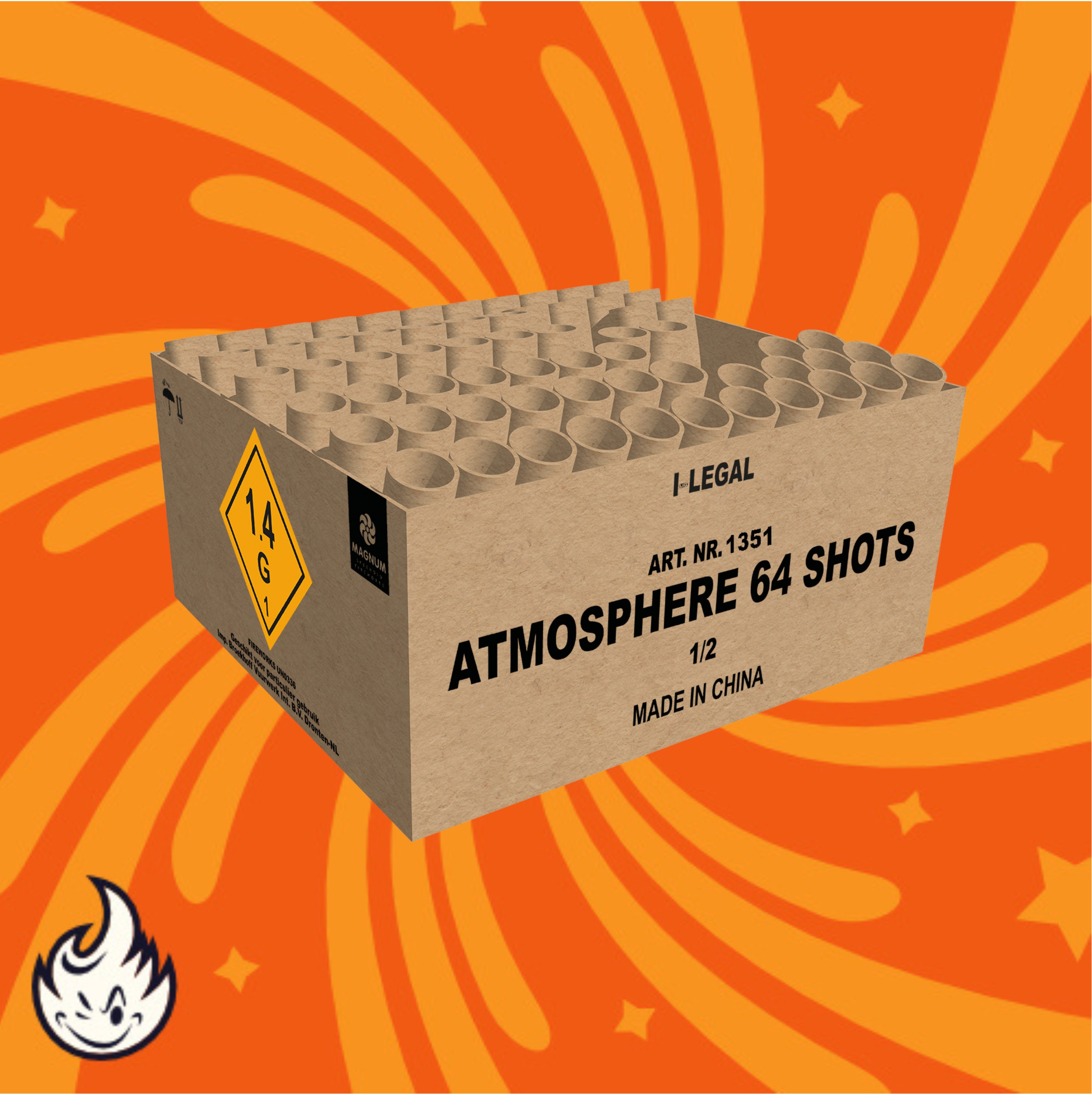Eine braune Schachtel mit der Aufschrift „Magnum Atmosphere Verbundfeuerwerk 64sh“ von Magnum steht vor einem orangefarbenen Hintergrund mit gelben Wirbeln und Sternen und zeigt ein 1,4-G-Gefahrensymbol und ein Cartoon-Flammenlogo in der Ecke.