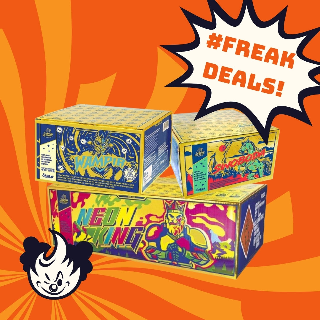 Drei leuchtende Iskra Cakebox Freak Set Boxen von FREAKDEALS 🤡 sind auf einem orangefarbenen Hintergrund mit fetten Strahlen, einem Comic-Stil mit der Aufschrift "#FREAK DEALS!" und einem Cartoon-Gesicht in der Ecke gestapelt.