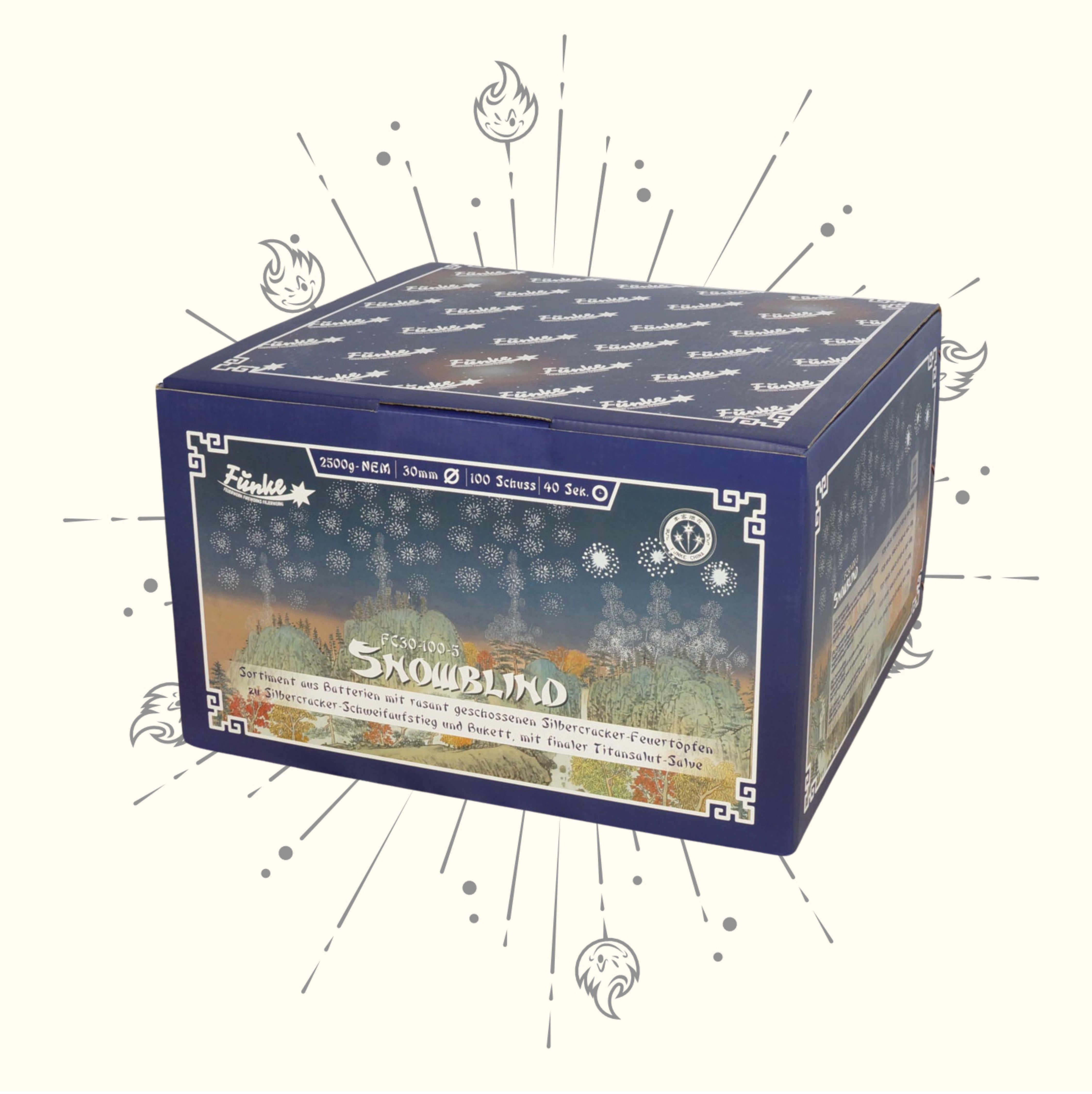 Eine blaue „Funke Snowblind Cakebox 100sh“ von Funke mit weißen Schneeflocken und dekorativen Rändern sitzt zentriert auf einem hellen Hintergrund mit strahlenförmigen Linien und kleinen Flammenillustrationen darum herum.