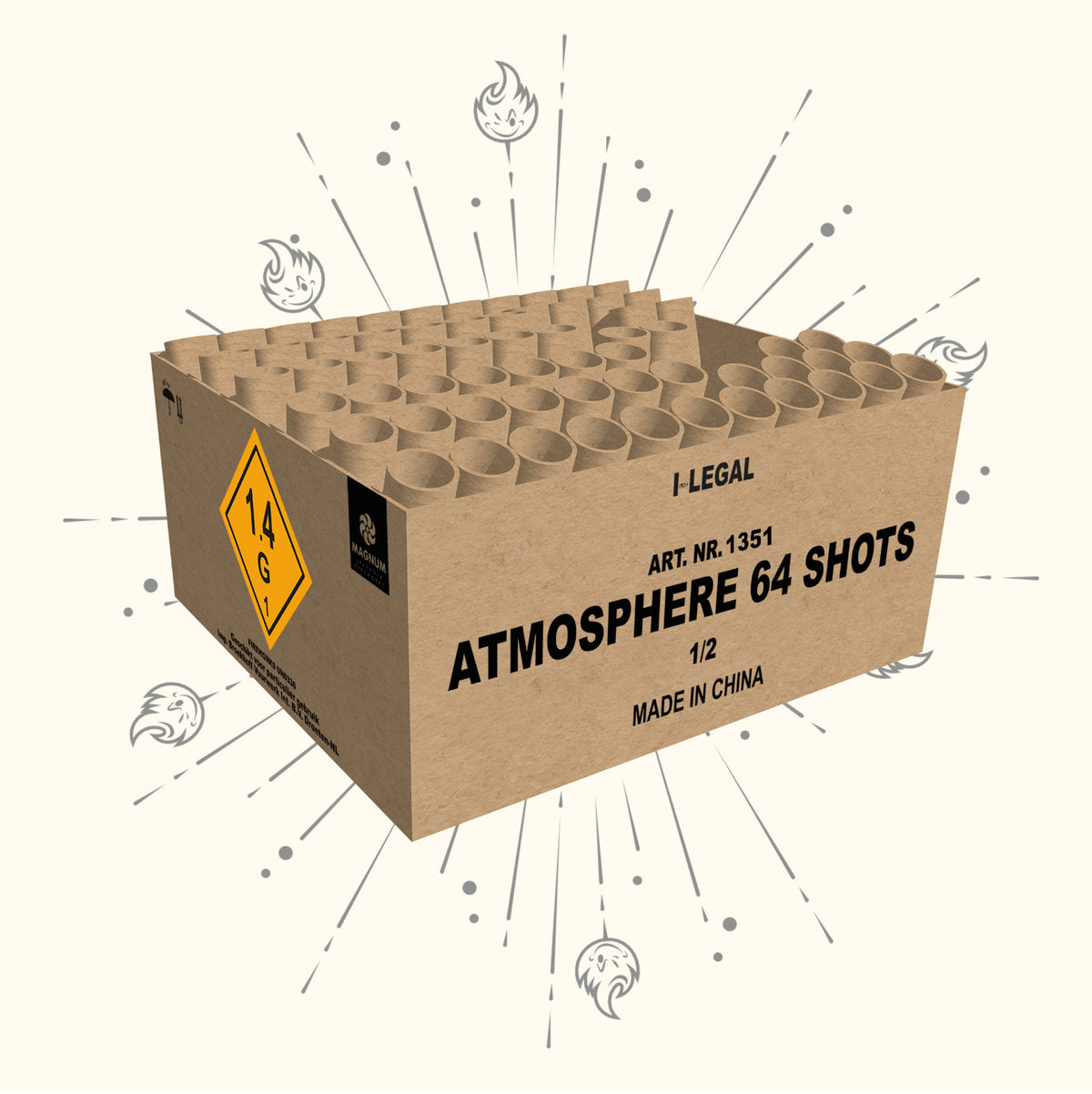 Eine braune Pappschachtel mit der Aufschrift "Magnum Atmosphere Fan" von Magnum mit 64 runden Röhren auf der Oberseite, Warnhinweisen, Feuerwerkssymbolen und der Aufschrift "ART. NR. 1351" und "MADE IN CHINA".