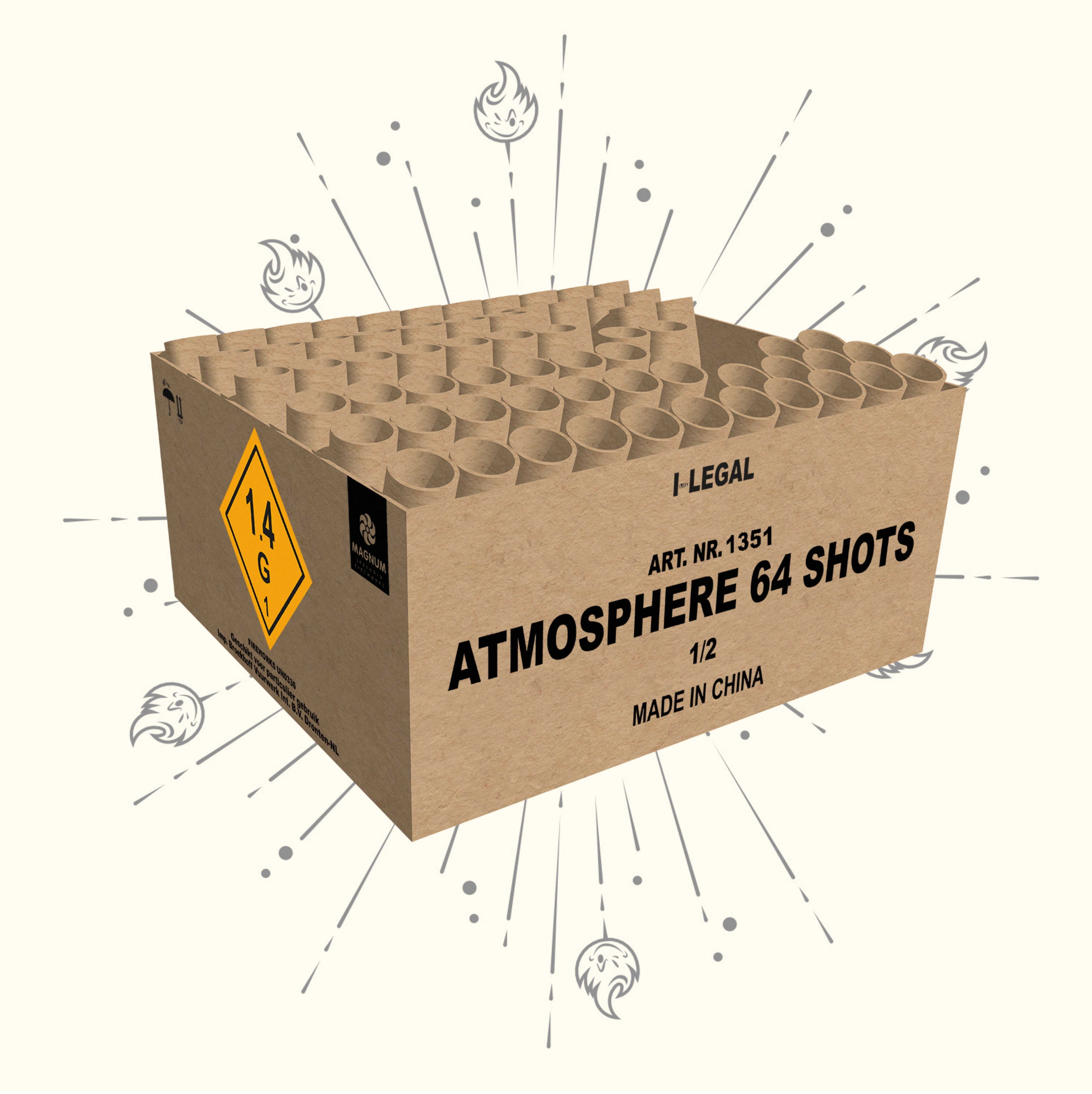 Ein Karton mit der Aufschrift „Magnum Atmosphere Verbundfeuerwerk 64sh“ von Magnum enthält mehrere Feuerwerksröhren, ist mit Warnsymbolen und dem Text „Made in China“ versehen und von dekorativen Funken- und Flammensymbolen umgeben.