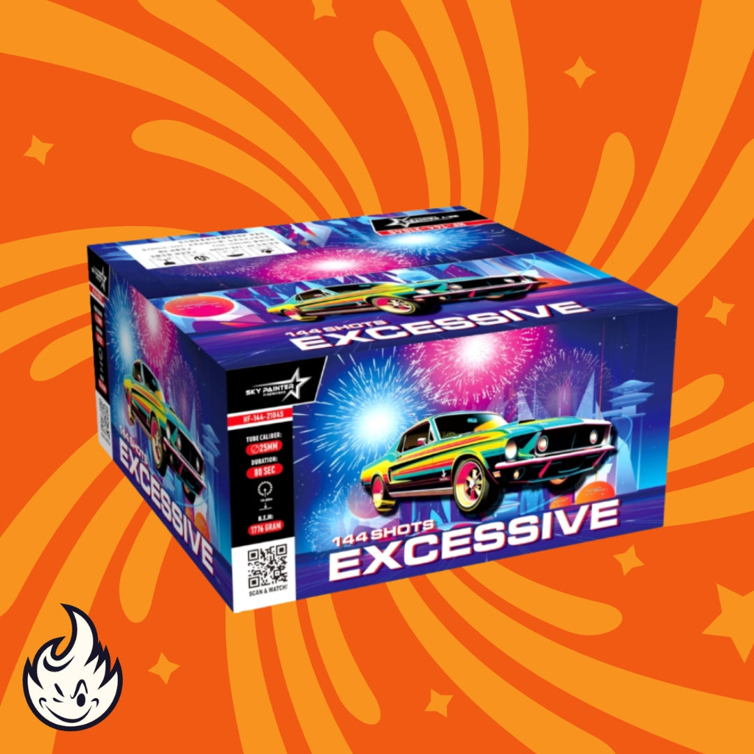 Eine farbenfrohe Feuerwerksbox namens „Sky Painter Excessive 144sh Cakebox“ zeigt ein regenbogenfarbenes Oldtimer und ein schillerndes Display auf einem leuchtend orangefarbenen Hintergrund mit Spiralmustern. Ein kleines schwarz-weißes Logo in der unteren linken Ecke identifiziert sie als Schuss Cakebox von Sky Painter.