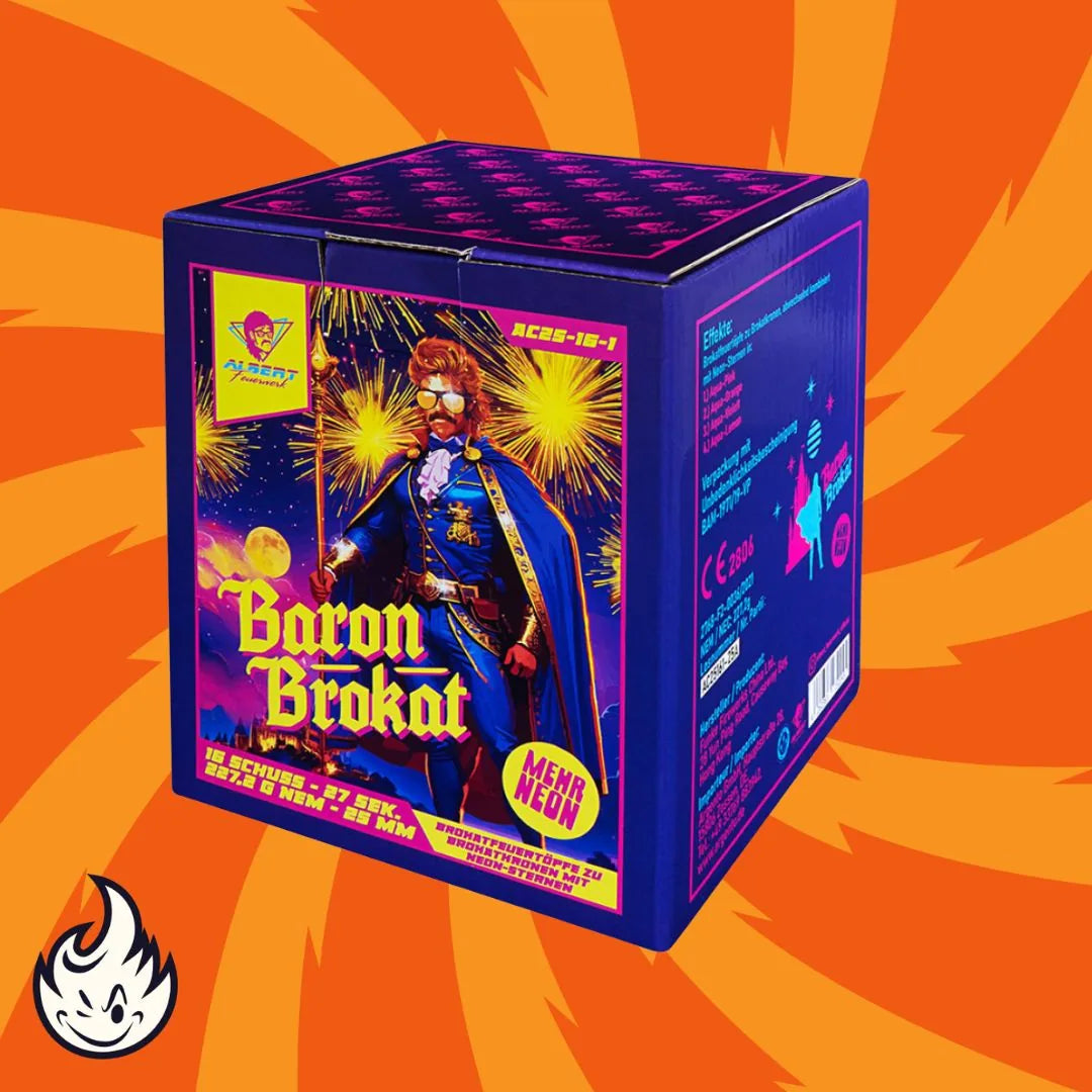 Albert Baron Brokat von Albert ist ein farbenfroher Feuerwerkskasten mit einem Cartoon-Baron mit Umhang und Sonnenbrille, der vor einer auffälligen gelben und lilafarbenen Grafik mit einem orangefarbenen Sprengmuster und einem Feuerwerk im Hintergrund steht.