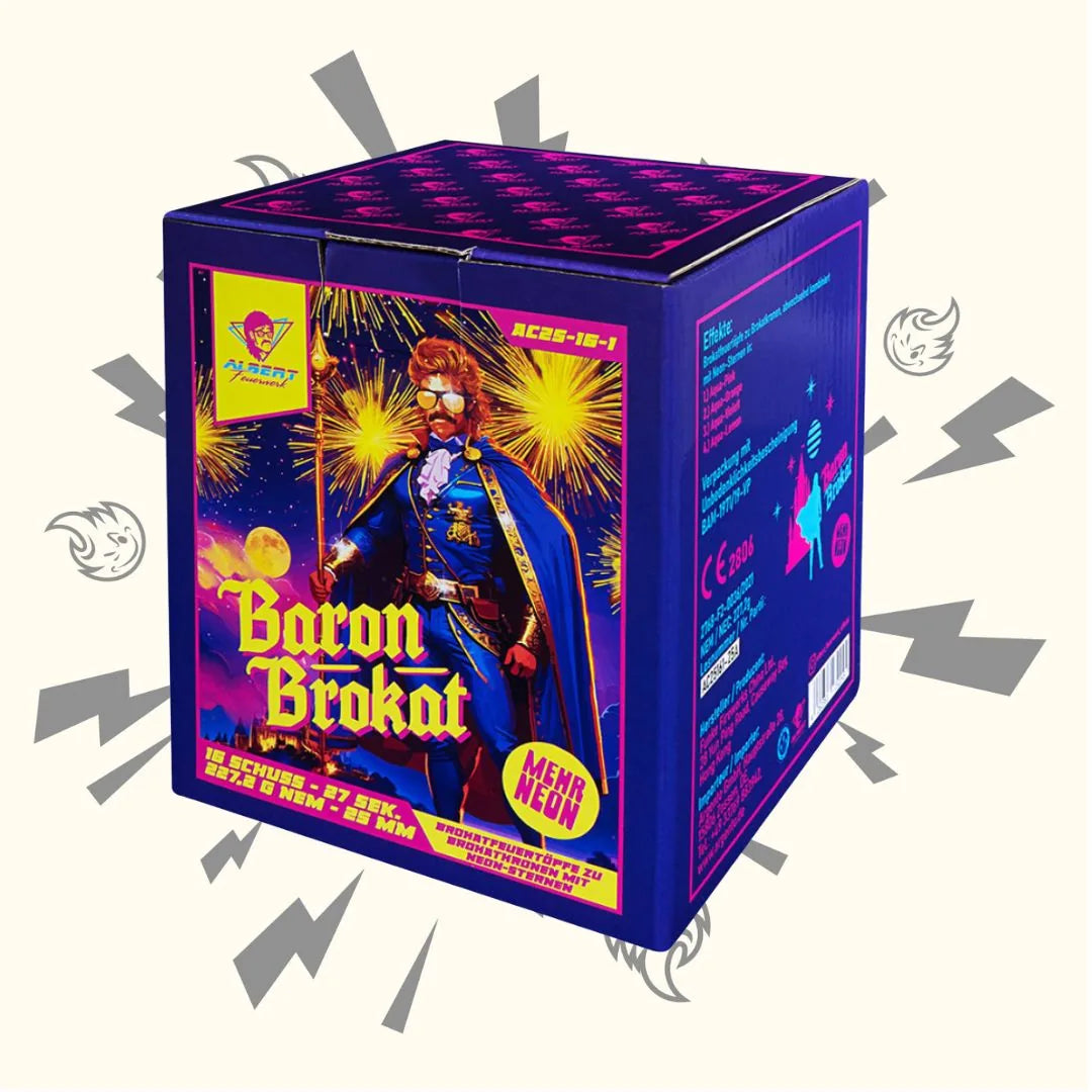 Eine leuchtend violette Schachtel mit Albert Baron Brokat Feuerwerkskörpern der Marke Albert zeigt einen Cartoon-Superhelden mit Umhang, bunte Blitzgrafiken und Feuerwerkskörper im Hintergrund sowie Produktinfos auf der Verpackung.