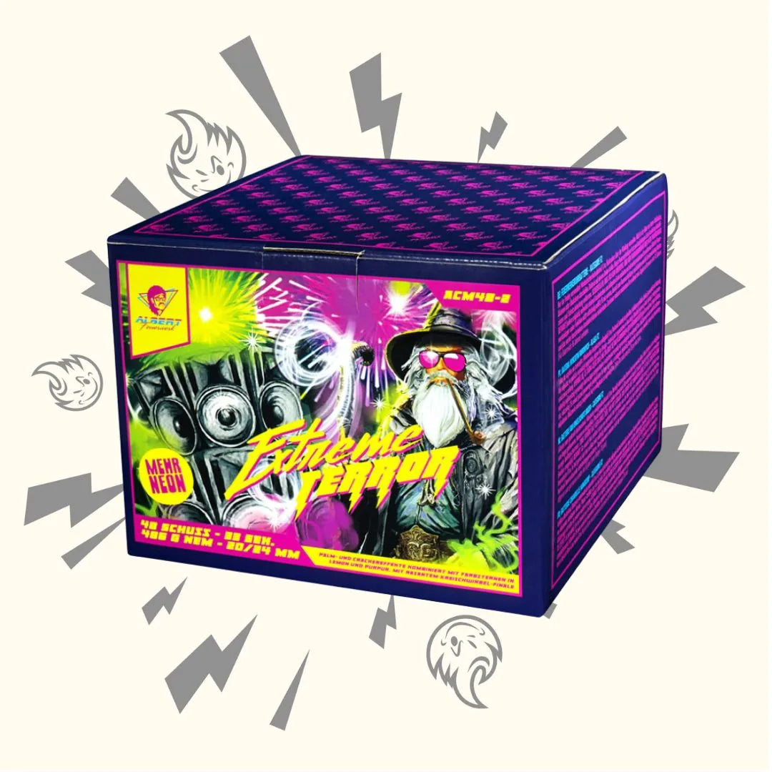 Die Feuerwerksbox "Albert Extreme Terror Fan" von Albert zeigt einen alten Mann mit Sonnenbrille und Hut im Neon-Graffiti-Stil, umgeben von Lautsprechern, Feuerwerkskörpern und Blitzen auf einem leuchtenden Hintergrund.