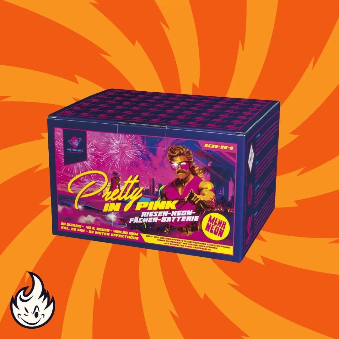 Eine leuchtende Schachtel mit der Aufschrift "Albert Pretty in Pink Fan" von Albert zeigt einen Neon-Mann mit Sonnenbrille und einen Flamingo auf einem pink-orangefarbenen Ausbruch, der 36 Schuss mit einem Flammenlogo in der Ecke hervorhebt.