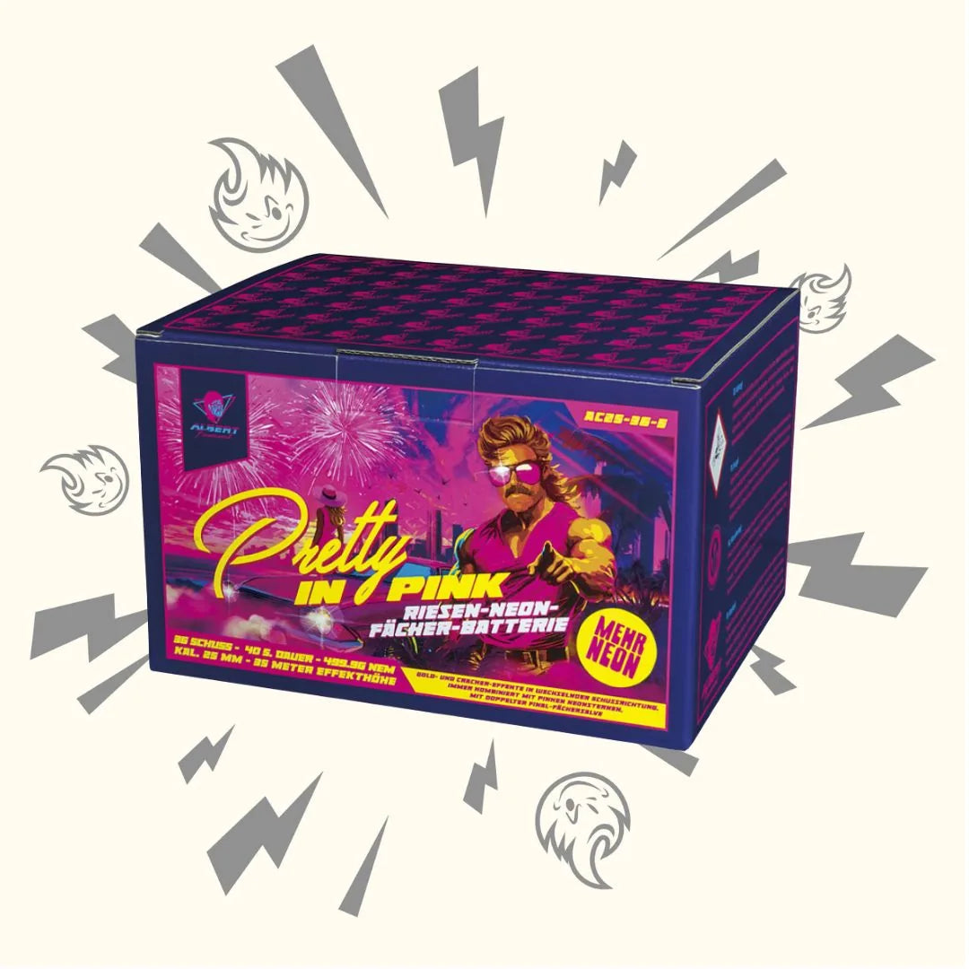 Eine rechteckige Albert Pretty in Pink Fan-Feuerwerksdose von Albert zeigt ein neonpinkes und lila Design mit einer Frau mit Sonnenbrille, Feuerwerkskörpern, Cartoon-Gesichtern, Blitzen, gelbem Text und "36 Schuss" auf der Verpackung.