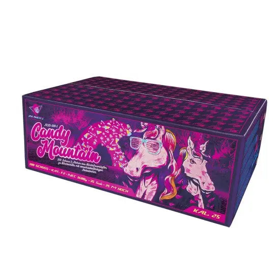 Der Albert Candy Mountain von Albert ist eine rechteckige lilafarbene Feuerwerksbox mit Einhörnern mit Sonnenbrillen, bunten Mähnen und rosa Sternen - ideal für eine lebendige Verbundfeuerwerk- oder 100 Schuss Feuerwerk-Show.