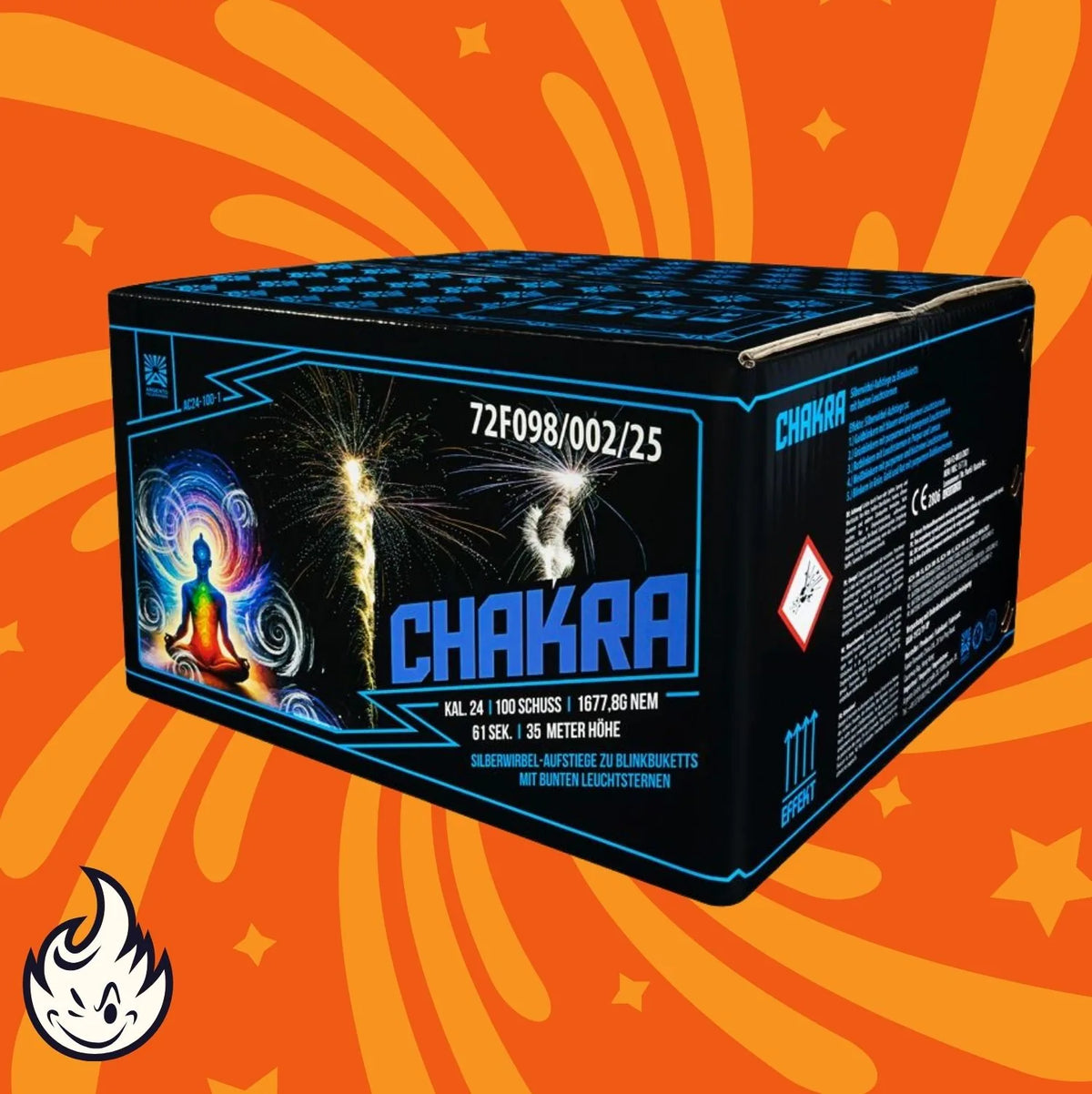 Die Argento Chakra Feuerwerksdose von Argento besticht durch ein stilvolles schwarzes Design mit farbenfrohen Grafiken und einer meditierenden Figur auf einem orangefarbenen, wirbelnden Hintergrund - die perfekte Wahl für trendbewusste Käufer, die einen auffälligen Stil suchen.