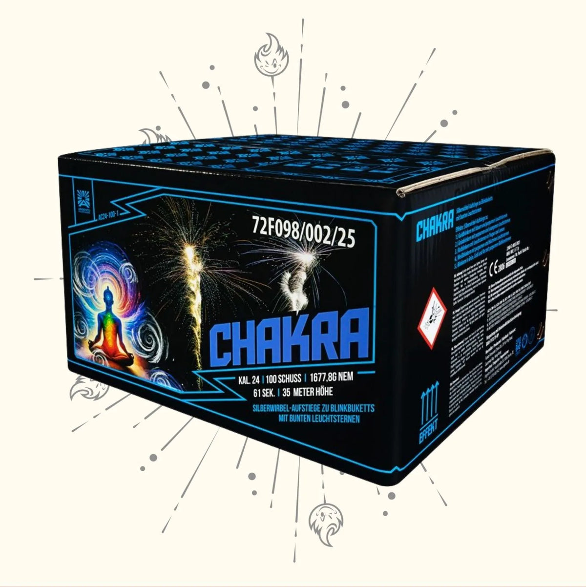 Die Argento Chakra Feuerwerksdose von Argento besticht durch leuchtende Farben, eine meditierende Figur, wirbelnde Muster und Funken-Symbole - ein elegantes Design für trendbewusste Käufer, die Stil und Aufregung suchen.