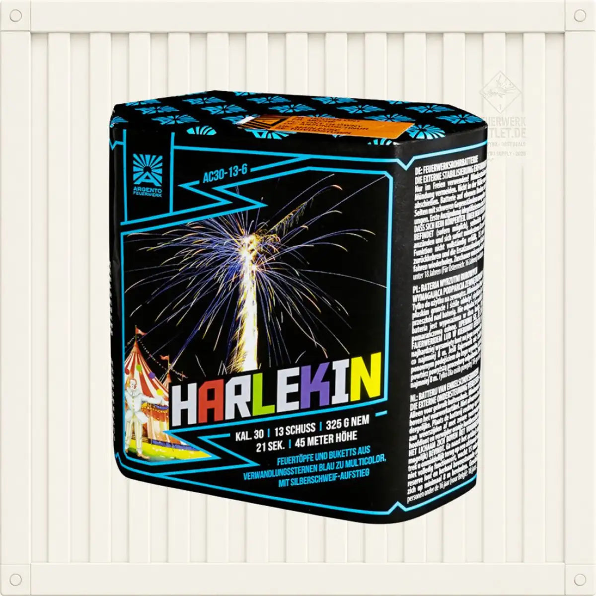 Eine farbenfrohe Feuerwerksschachtel der Marke „Argento“ mit der Aufschrift „Argento Harlekin“, auf der ein Feuerwerk abgebildet ist, das nachts über einem Zelt explodiert, sowie Produktangaben und Sicherheitshinweise in deutscher Sprache.