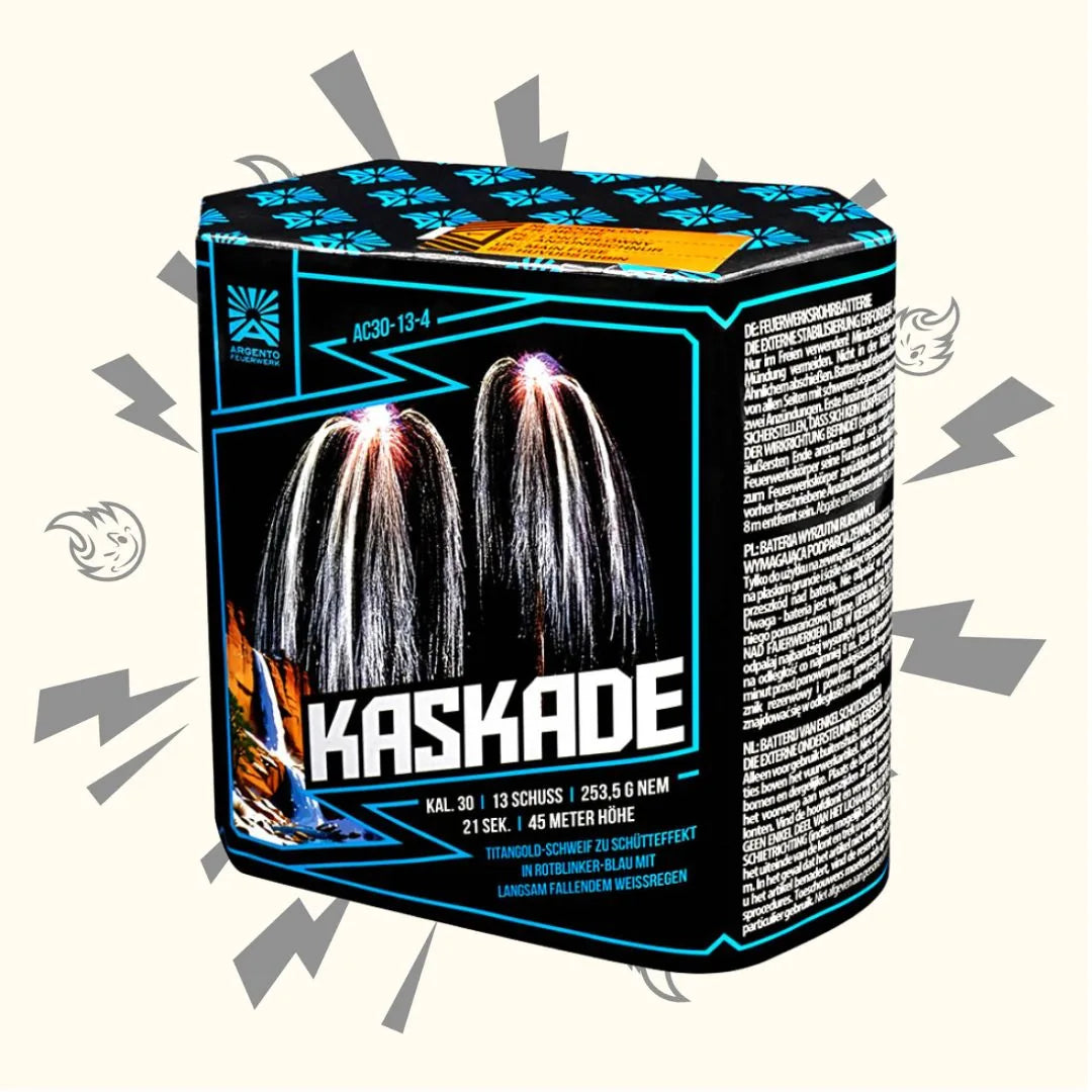 Eine quadratische Feuerwerksdose mit der Aufschrift "Argento Kaskade" von Argento zeigt zwei weiße Feuerwerkskörper auf schwarzem Hintergrund, mit deutschem Text und einer Anleitung an der Seite.
