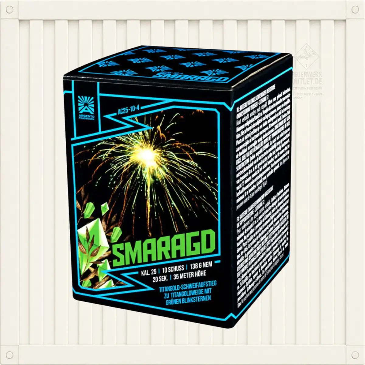 Eine Schachtel mit „Argento Smaragd“-Feuerwerkskörpern der Marke Argento, die sich durch eine grüne Explosion und von Edelsteinen inspirierte Grafiken auf einer schwarzen, blauen und grünen Verpackung mit aufgedrucktem Text und Gebrauchsanweisung auszeichnen.
