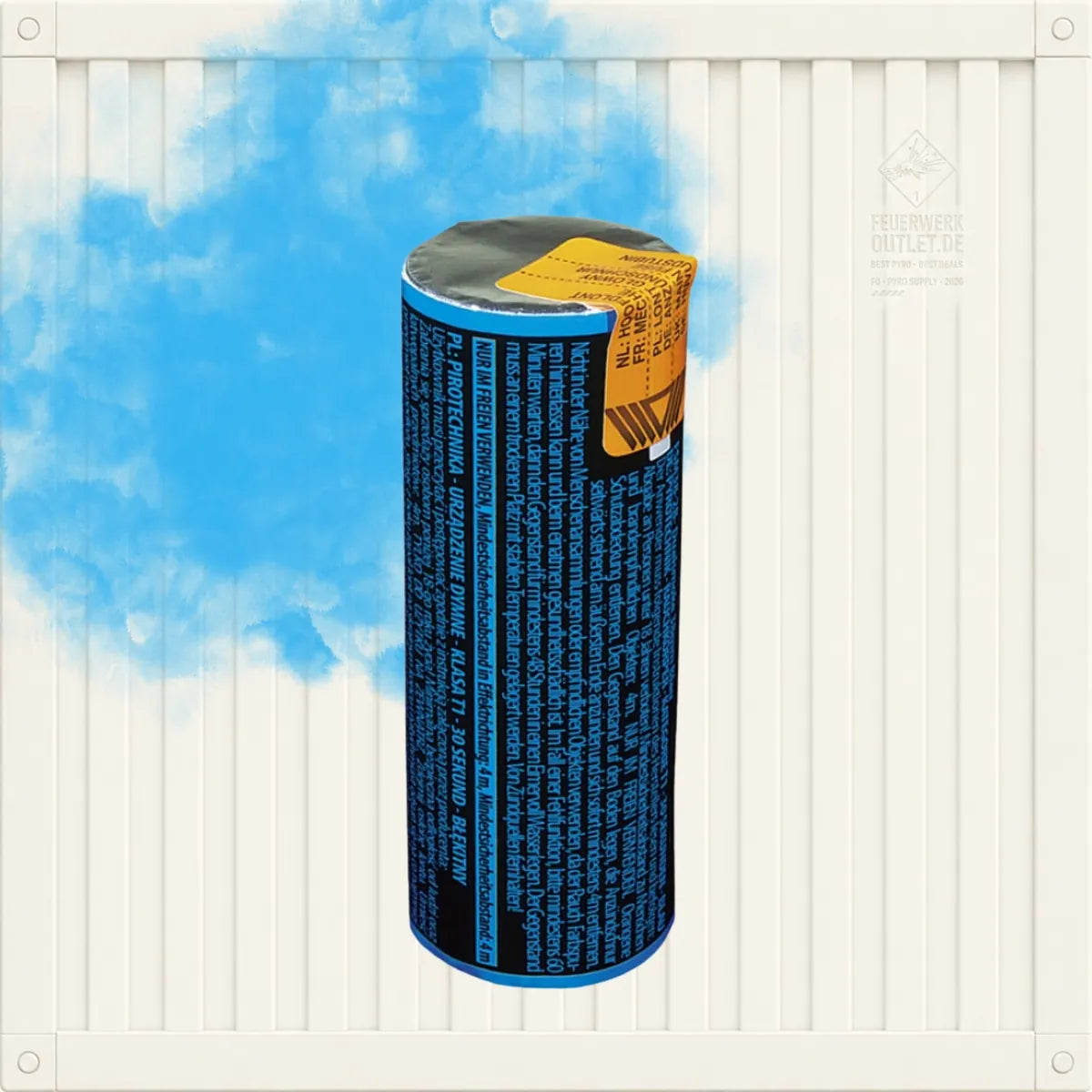 Ein Argento Dualsmoke 38-mm-Behälter in Blau mit gelbem Klebeband und schwarzem Warnhinweis auf weißem Wellpappenhintergrund.