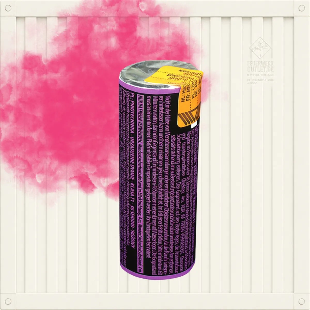 Zylindrische „Argento Dualsmoke 38 mm Pink“-Granate mit gelbem Sicherheitsetikett und Text, zentriert vor einem weißen, gewellten Hintergrund mit einer rosa Rauchwolke.