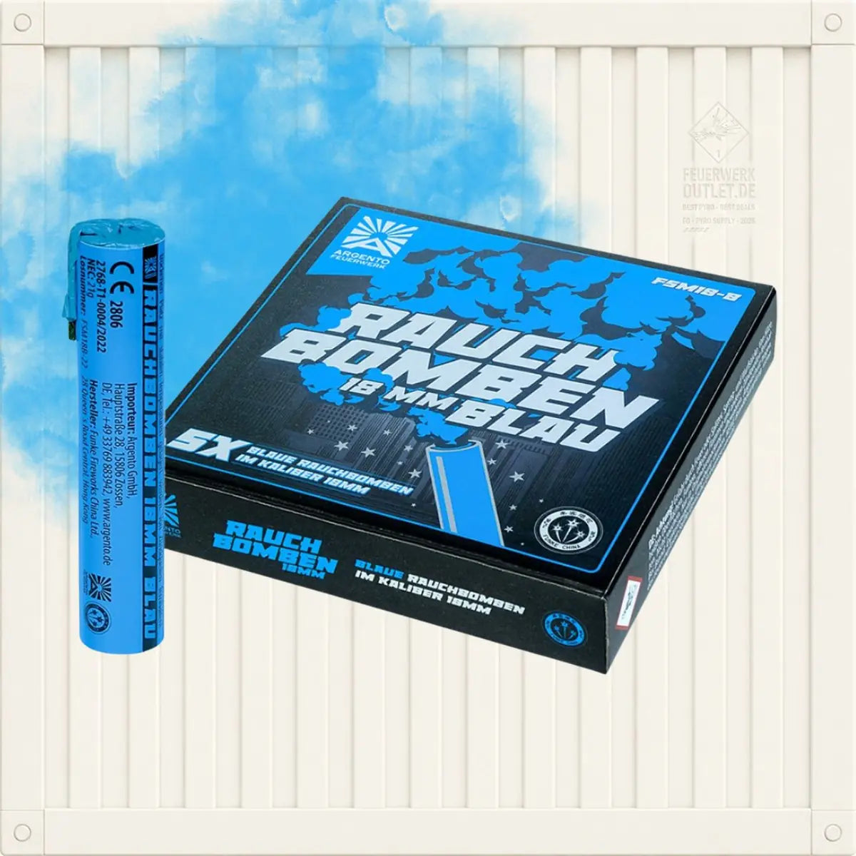 Eine einzelne blaue „Argento Rauchbomben 18 mm Blau“-Rauchbombe steht neben ihrer Verpackung, die fünf Stück der 18-mm-blauen Rauchbomben enthält.