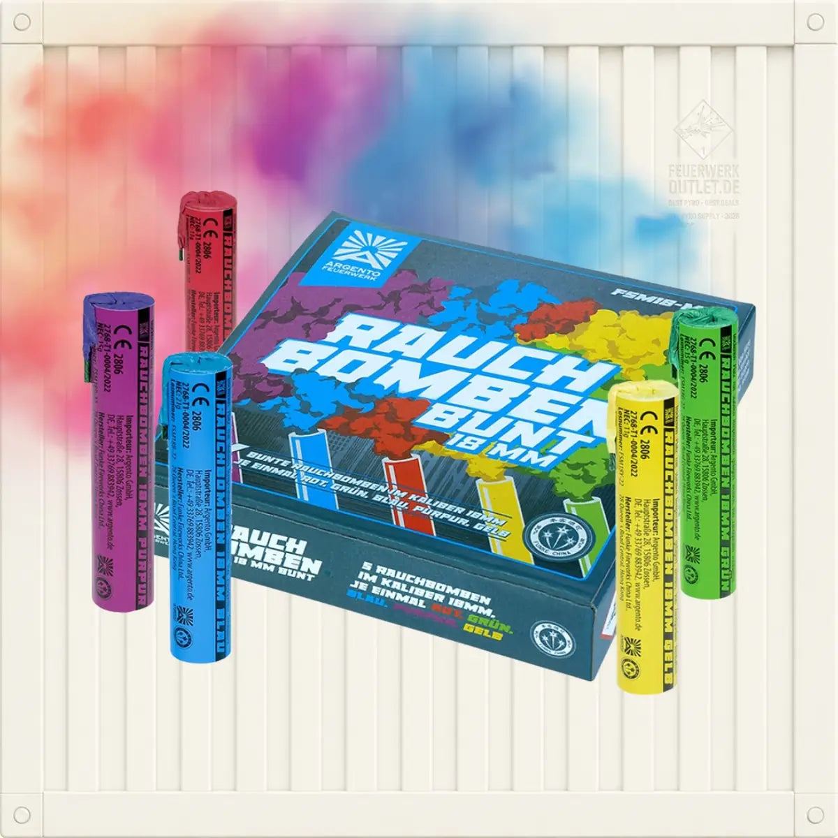 Eine Schachtel mit „Argento Rauchbomben“ – 18-mm-Bunt-Rauchbomben, deren einzelne violette, blaue, rote, gelbe und grüne Röhrchen vorne zu sehen sind.
