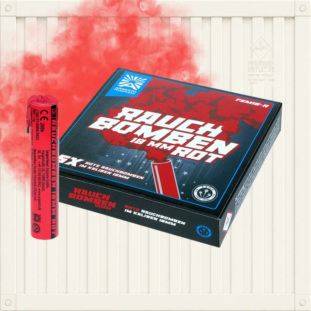 Eine rote Rauchbombe „Argento Rauchbomben 18 mm“ neben ihrer schwarzen Verkaufsverpackung mit weißer Beschriftung und einer Abbildung des Produkts.