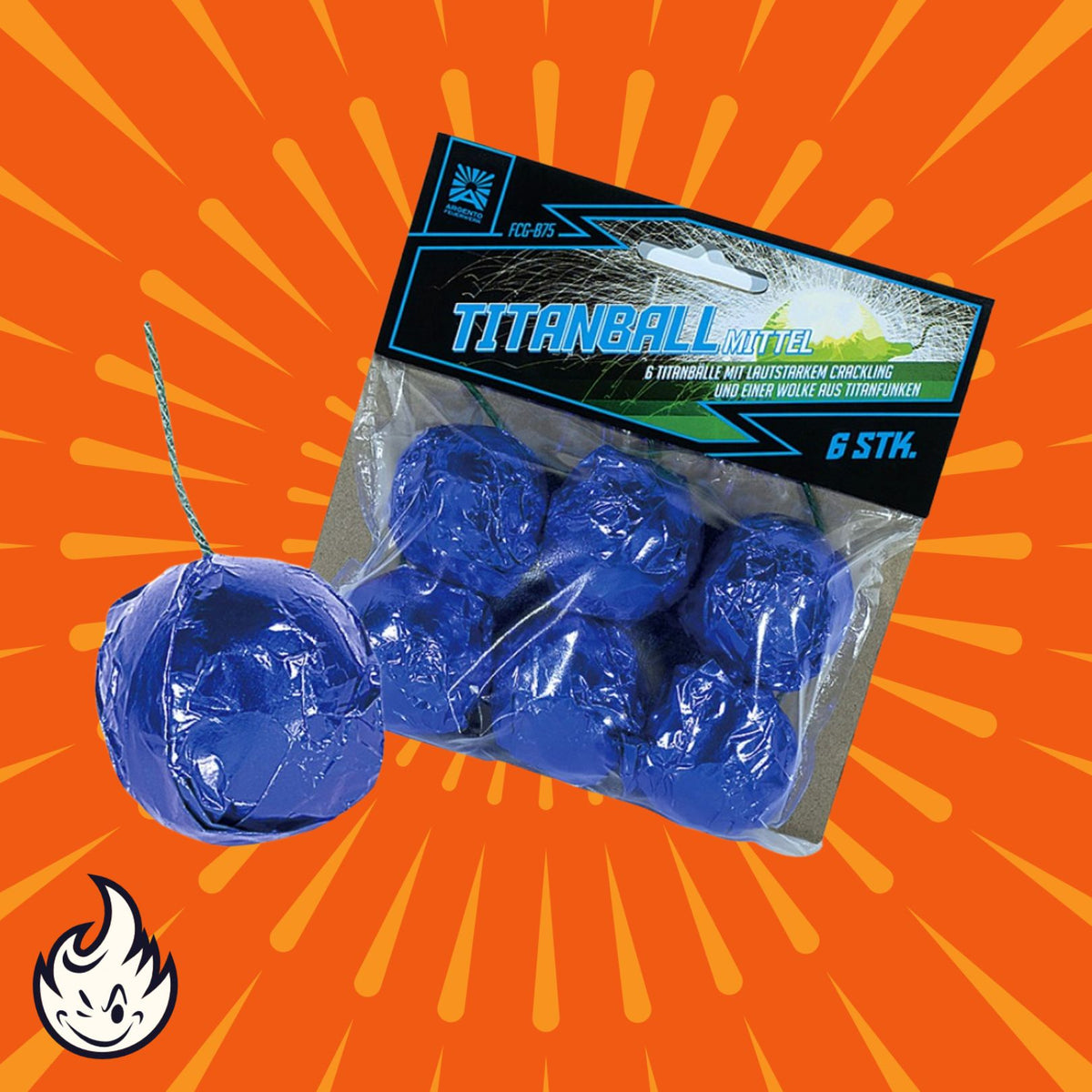 Ein Sechserpack Argento Titanball Mittel Feuerwerkskörper von Argento, eingewickelt in Blau und mit der Aufschrift "TITANBALL MITTEL", steht auf einem orangefarbenen Hintergrund mit strahlenden Linien neben einem ausgepackten Ball, der sich durch Premiumqualität und robustes Design auszeichnet.