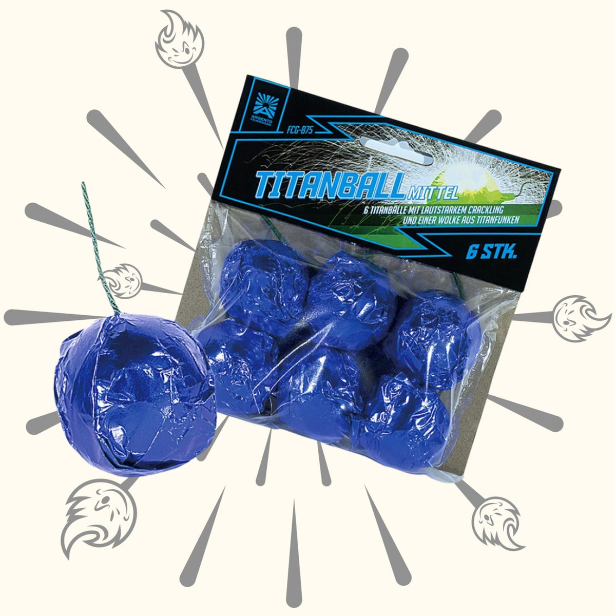 Ein Sechserpack von Argento Titanball Mittel Feuerwerkskörpern von Argento, einer davon vorne abgebildet. Die blau-schwarze Verpackung mit deutschem Etikett zeigt stilisierte Funken und unterstreicht das robuste Design und die Premiumqualität.