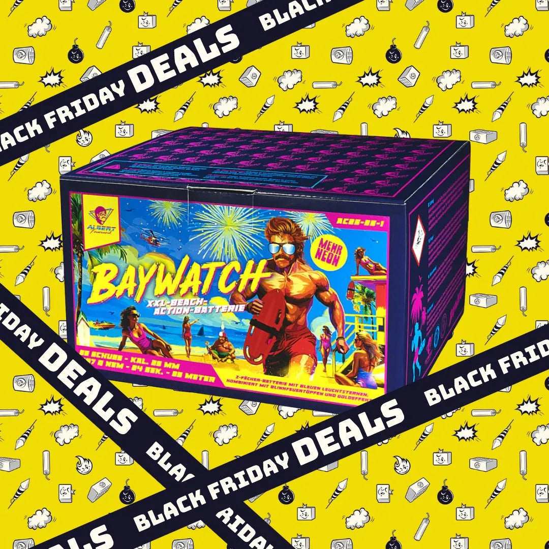 Eine bunte Feuerwerkskiste mit der Aufschrift "Albert Baywatch" von Albert steht auf einem leuchtend gelben Hintergrund mit Cartoon-Symbolen. Schwarze diagonale Banner zeigen "Black Friday Deals" in fetter weißer Schrift quer über das Bild.