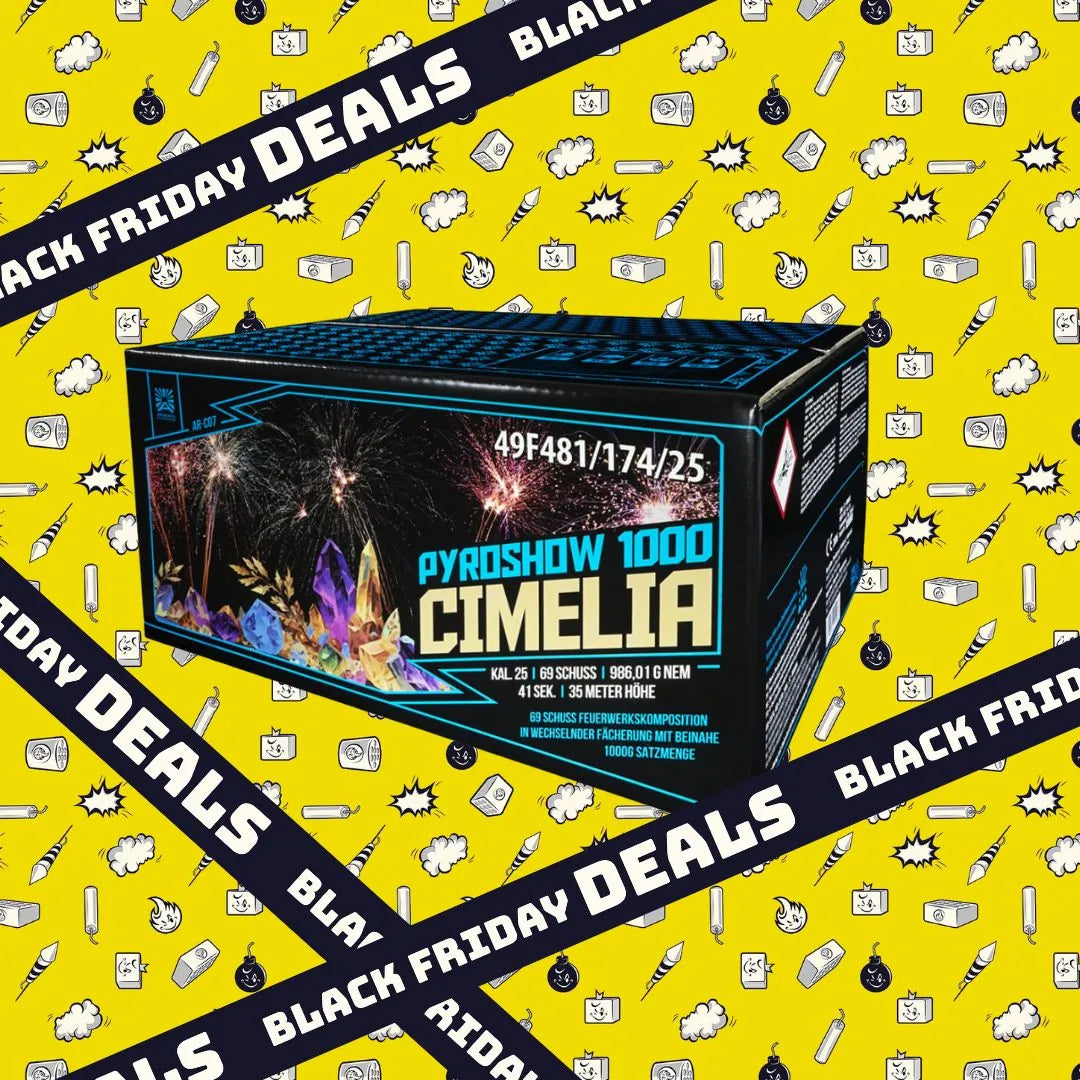 Ein Argento Pyroshow 1000-C Cimelia Feuerwerkskasten von Argento ruht auf einem gelben, kritzelbemusterten Hintergrund mit diagonalen schwarzen Bannern, auf denen in fetten weißen Buchstaben "Black Friday Deals" steht.