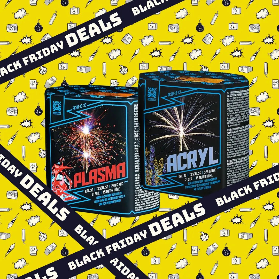 Vor gelbem Hintergrund mit Cartoon-Icons sind zwei bunte Rubro-Boxen "COMBIDEAL 💣 Argento Plasma + Acryl" mit 13 Schuss zu sehen. Schwarze Diagonalbanner mit "BLACK FRIDAY DEALS" überkreuzen das Bild - sichere Zündung garantiert!.