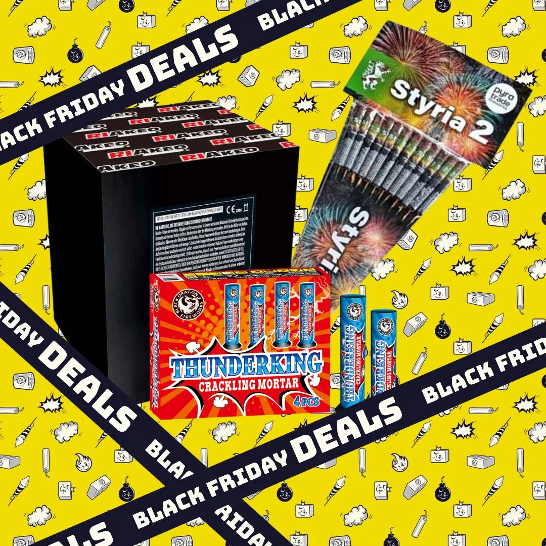 Das Feuerwerksset FEUERWERK OUTLET COMBIDEAL 💣 (Riakeo Pro Line + Thunderking Crack Mortar + Styria 2) ist auf einem gelben Hintergrund abgebildet, mit "BLACK FRIDAY DEALS"-Bannern diagonal über dem Bild.