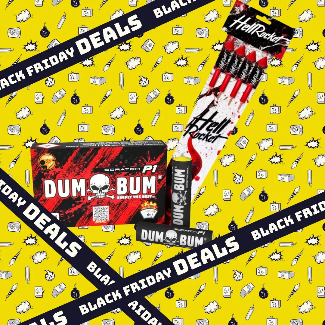 Ein COMBIDEAL 💣 Dumbum Reibkopf P1 + Hell Rocket von Klasek auf gelbem Hintergrund mit Icons, überlagert von "Black Friday Deals"-Bannern - jetzt mit Wow-Garantie für sichere Zündung!.