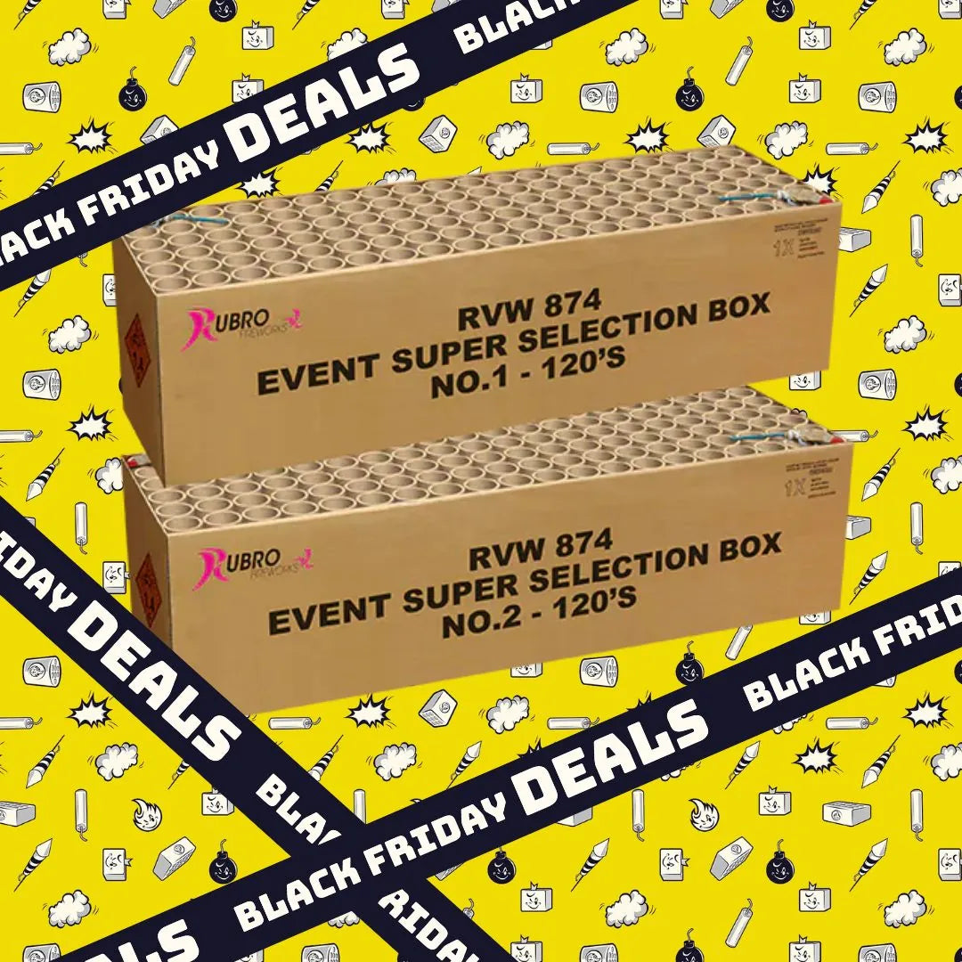 Zwei große Rubro COMBIDEAL 💣 Event Super Selection Box 1 & 2 sind auf einem gelben Doodle-Hintergrund mit "Black Friday Deals"-Bannern gestapelt und versprechen effektreich und farbenfroh ein Feuerwerk für deine Feier.