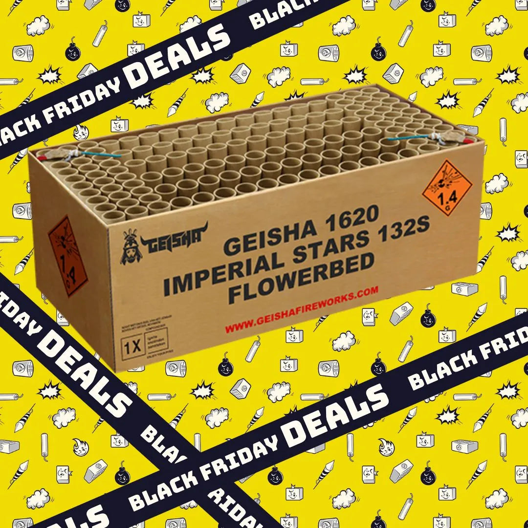 Eine große Geisha Imperial Stars Feuerwerkskiste steht auf einem gelben Hintergrund mit "Black Friday Deals"-Bannern und verspielten Kritzeleien von Bomben, Sternen und Ausrufezeichen.