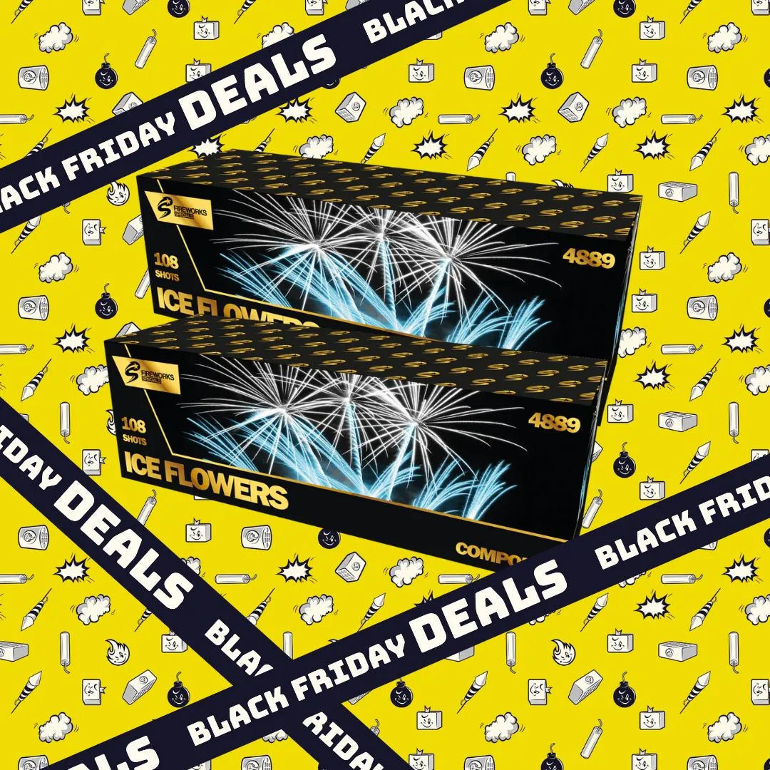 Zwei Schachteln FWS - Strike Karton-Special 📦 FWS Ice Flowers 2 Stk ruhen auf einem gelben Hintergrund mit Partykritzeleien. Diagonale schwarze Streifen quer über das Bild zeigen "BLACK FRIDAY DEALS" in weißer Schrift.
