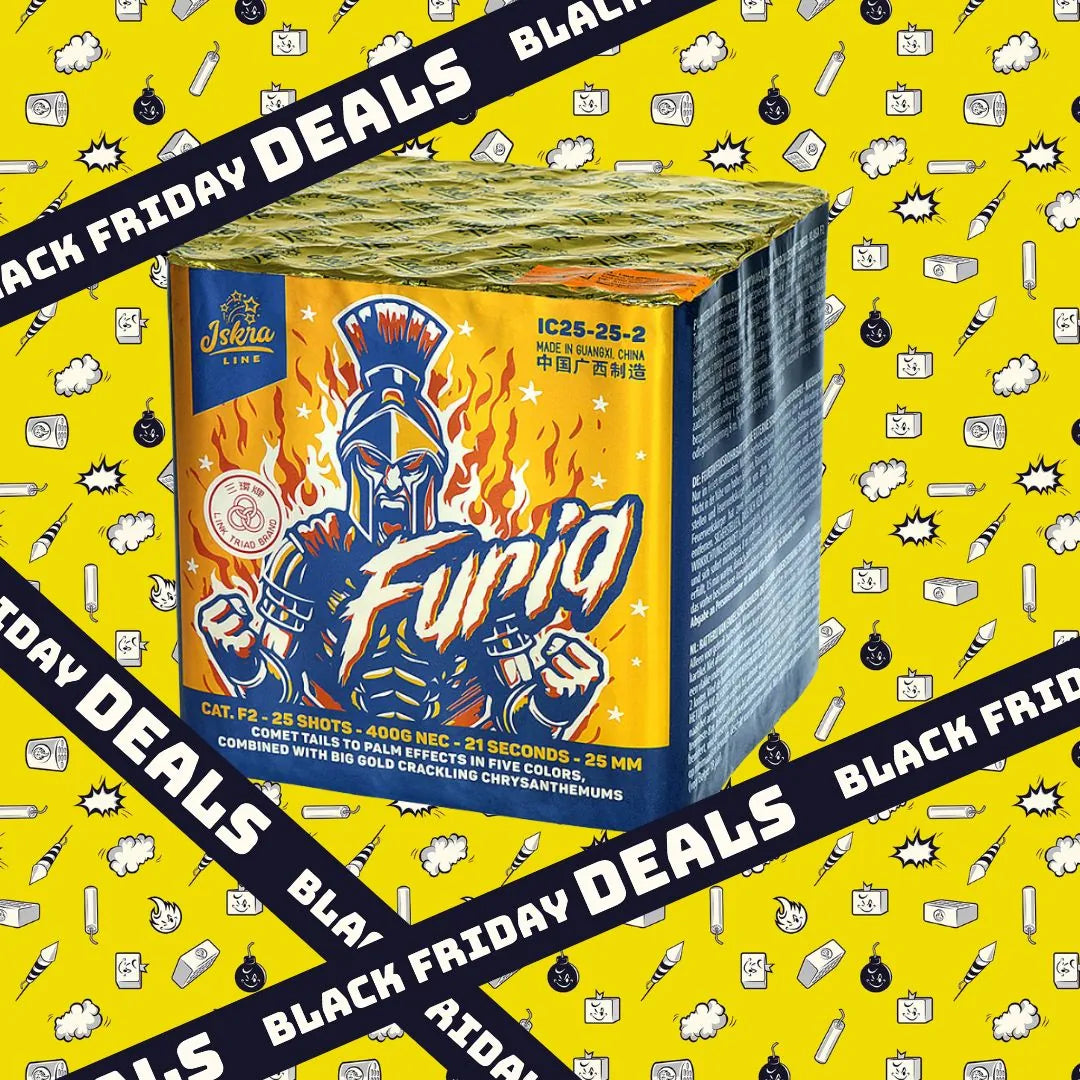 Eine Schachtel Iskra Furia von Iskra, eine Feuerwerksbatterie mit 25 Schuss, zeigt einen feurigen, gepanzerten Krieger auf einer gelben Verpackung mit der Aufschrift BLACK FRIDAY DEALS" diagonal über dem Bild.