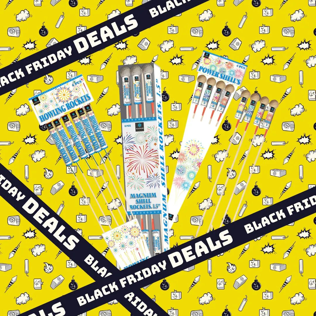 Magnum's FREAKDEAL 🤡 Magnum Rocket Freak ist auf einem leuchtend gelben Hintergrund mit Cartoon-Symbolen abgebildet, während fette schwarze diagonale Banner "BLACK FRIDAY DEALS" quer über das Bild zeigen - ein echter Raketen Freak-Deal.