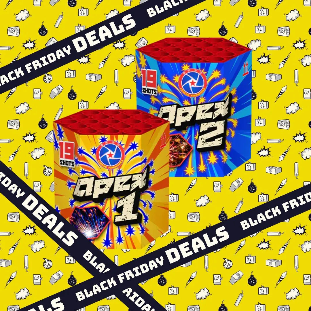 Zwei bunte Rubro Feuerwerksboxen "COMBIDEAL 💣 Heavy Legend Apex I + II" mit 19 Effekten, inszeniert vor gelbem Hintergrund mit Doodles und diagonalen "Black Friday Deals"-Bannern.