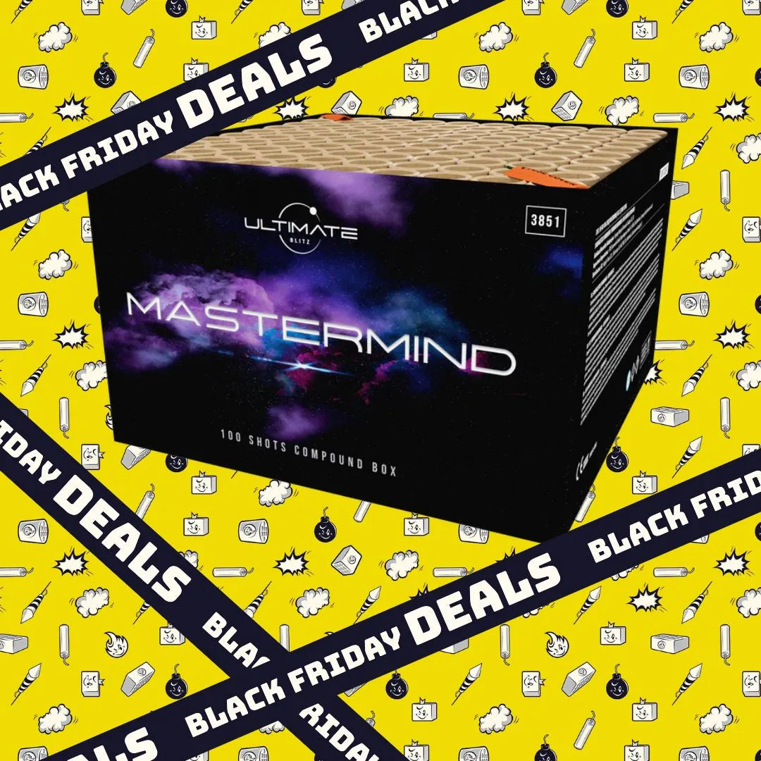 Eine Schachtel Hello FWS Ultimate Mastermind mit dem Text "100 Schuss Compound Box", dargestellt auf gelbem Hintergrund mit Icons und fetten "Black Friday Deals" auf schwarzen Diagonalstreifen.