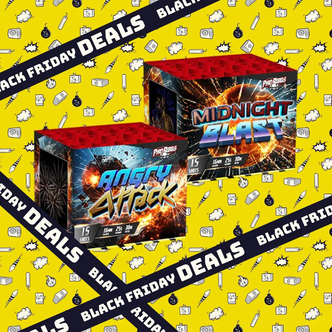 Zwei Schachteln Rubro COMBIDEAL 💣 Pyrorebels Angry Attack + Midnight Blast Feuerwerkskörper sind auf einem farbenfrohen gelben Hintergrund mit Kritzeleien und fetten "Black Friday Deals"-Bannern dargestellt, die sich diagonal kreuzen.