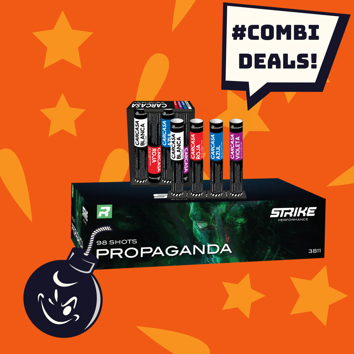 Eine schwarze Schachtel mit der Aufschrift "#COMBIDEAL 💣 Carcasa 4er Pack + FWS Propaganda" von COMBI-DEALS 💣 zeigt bunte Feuerwerksröhren vor einem orangefarbenen Hintergrund mit Sternen, die von einem "COMBIDEAL"-Schriftzug und einer Cartoon-Bombenfigur akzentuiert werden.