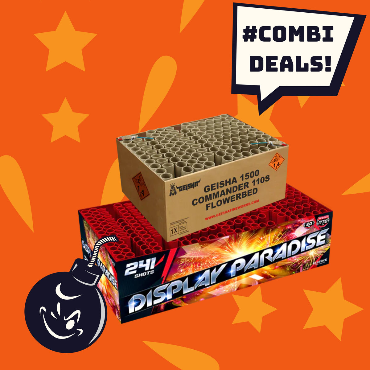 Zwei große Schachteln mit der Aufschrift "#COMBIDEAL 💣 Commander + Display Paradise 351sh" von COMBI-DEALS 💣 sind auf einem orangefarbenen Hintergrund mit Sternen, einer Cartoon-Bombe und einem "#COMBI DEALS! COMBIDEAL"-Schild.