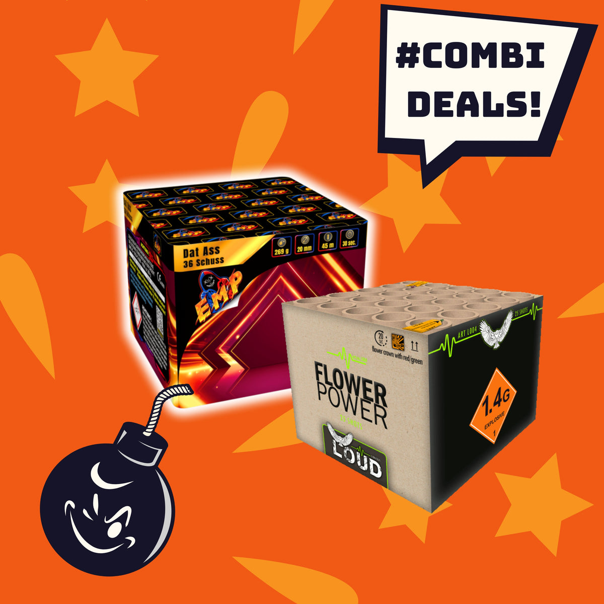 Das Kombi Flower Power + EMP Dat Ass Feuerwerksset von COMBI-DEALS 💣 wird auf einem orangefarbenen Hintergrund mit Sternen, einer Bombenkarikatur und einer Sprechblase "#COMBI DEALS!" dargestellt.
