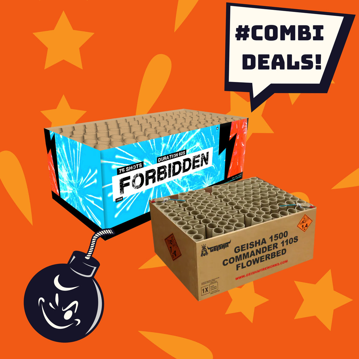 Zwei große Feuerwerkskörper mit der Aufschrift "#COMBIDEAL 💣 Commander + Forbidden 185sh" von COMBI-DEALS 💣 stehen auf einem orangefarbenen Hintergrund mit Sternen, einer Cartoon-Bombe und einer Sprechblase mit der Aufschrift "#COMBI DEALS! COMBIDEAL".