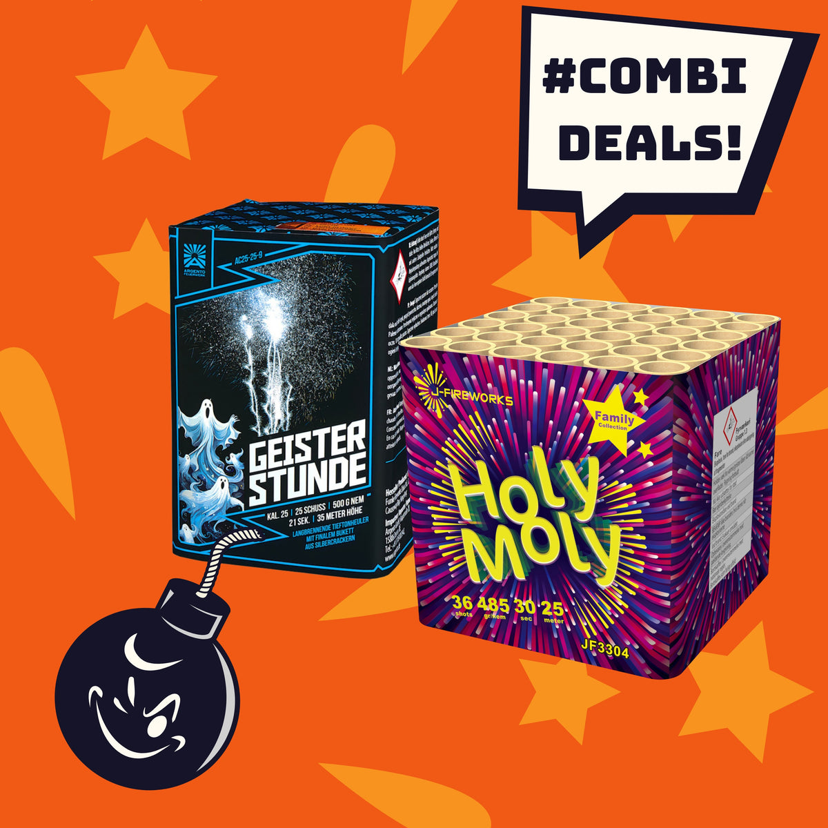 Zwei leuchtende Schachteln, "Argento Geisterstunde" mit blauer Grafik und "J-Fireworks Holy Moly" mit fettgedrucktem Text, von COMBI-DEALS 💣, erscheinen auf einem sternförmigen orangefarbenen Hintergrund mit einer Cartoon-Bombe und der Aufschrift "#COMBIDEAL 💣".
